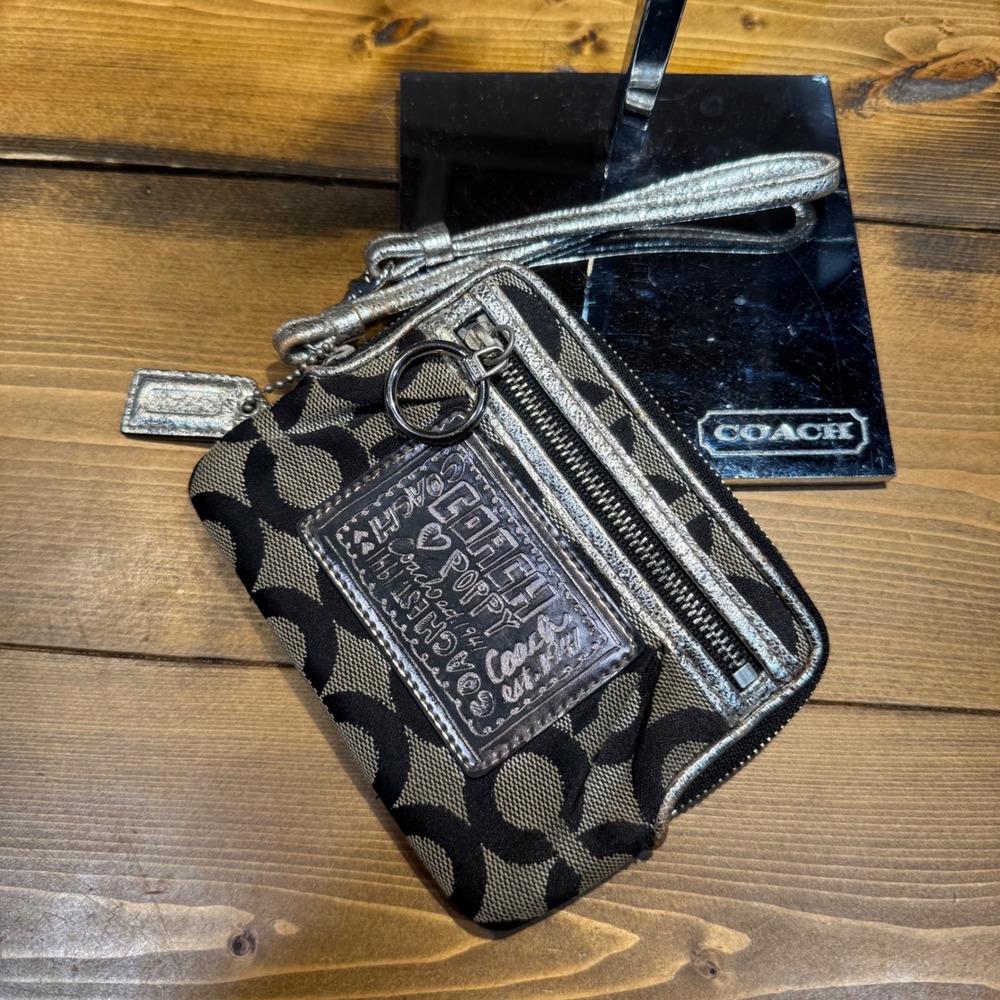 Coach Poppy Wristlet Black Grey Signature C Monogram Metallic Silver Trim Wallet